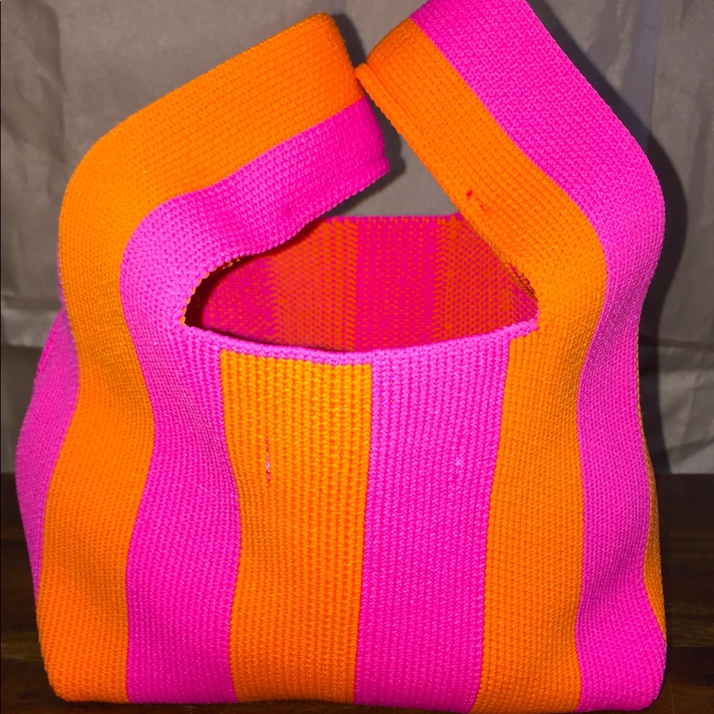 H&M Mini Striped Hobo Bag Neon Orange Pink Cute Stretch Tote Travel Accessory